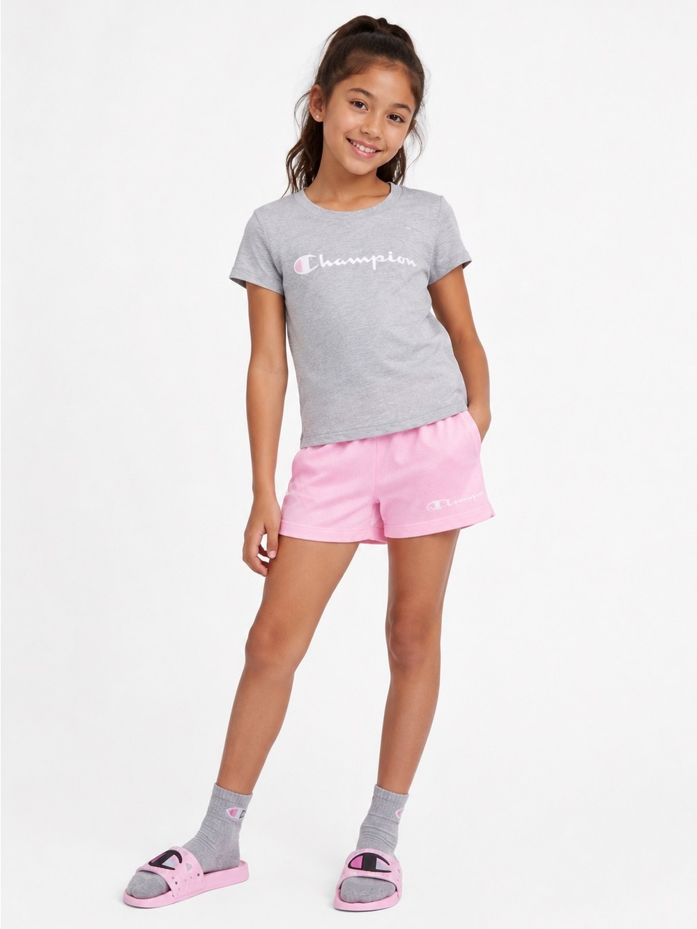 CHAMPION GIRLS SPORTY 2 PC SHORT SET - SIZE 6X GRAY/PINK (NEW WITH TAGS) A12